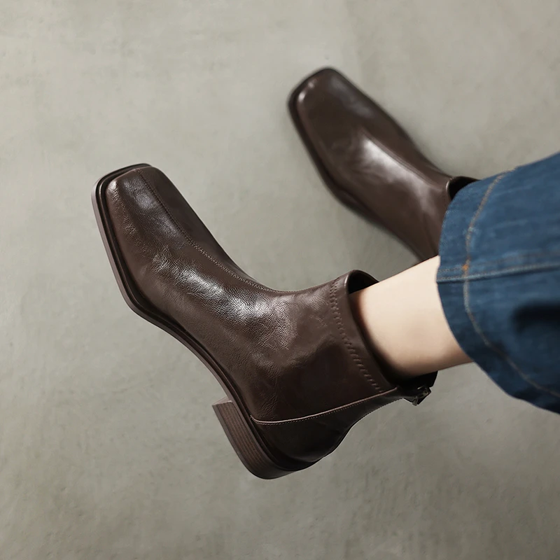 3.5CM-秋冬瘦瘦靴中跟粗跟方头女短靴新款女靴复古英伦风时装靴女
