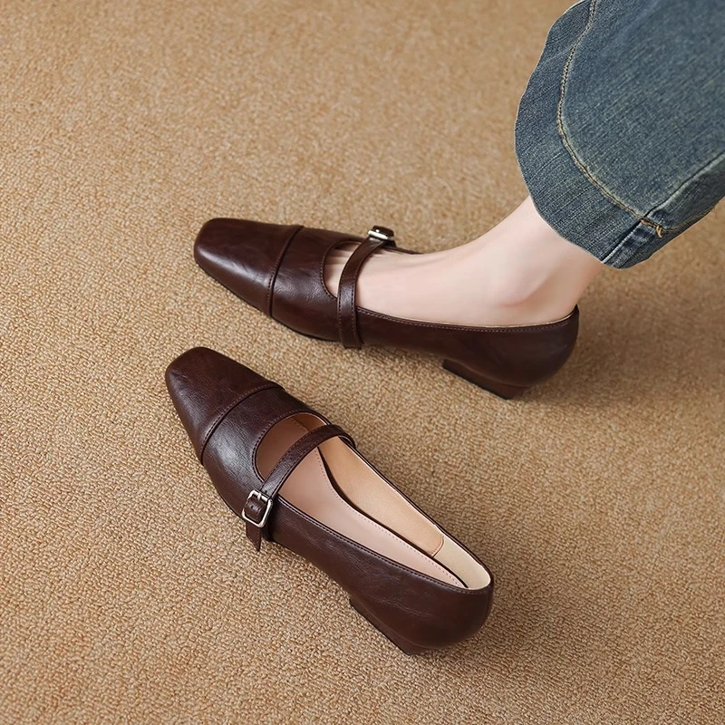 石头纹浅口方头一字扣单鞋带2025年春季新单鞋软底平底乐福鞋圆头