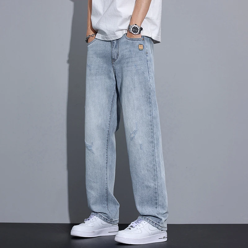 Kuvine2025新款夏季男生破洞牛仔裤宽松直筒时尚百搭外穿裤子痞帅