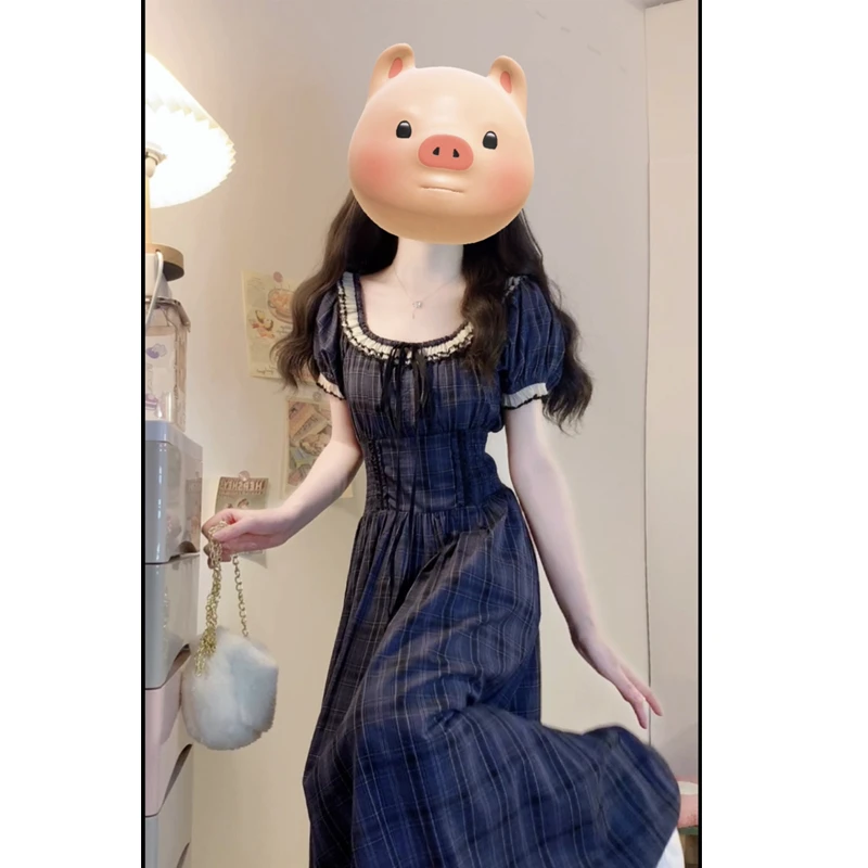 大码夏季法式方领拼接蕾丝系带短袖收腰显瘦格子连衣裙洋气长裙子