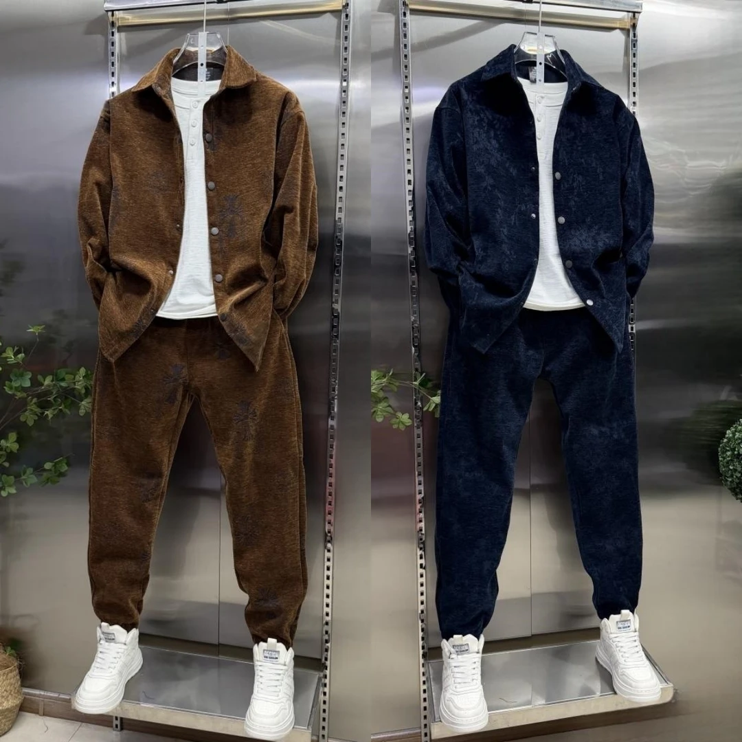 秋冬美式重工雪尼尔套装潮流男士衬衫上衣束脚裤两件套潮牌老钱风