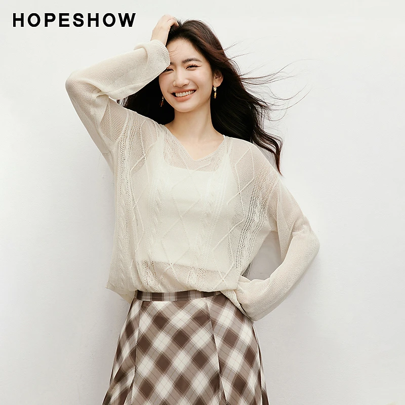 红袖2025秋季新款女装复古绞花几何菱纹V领套头针织衫90125250102