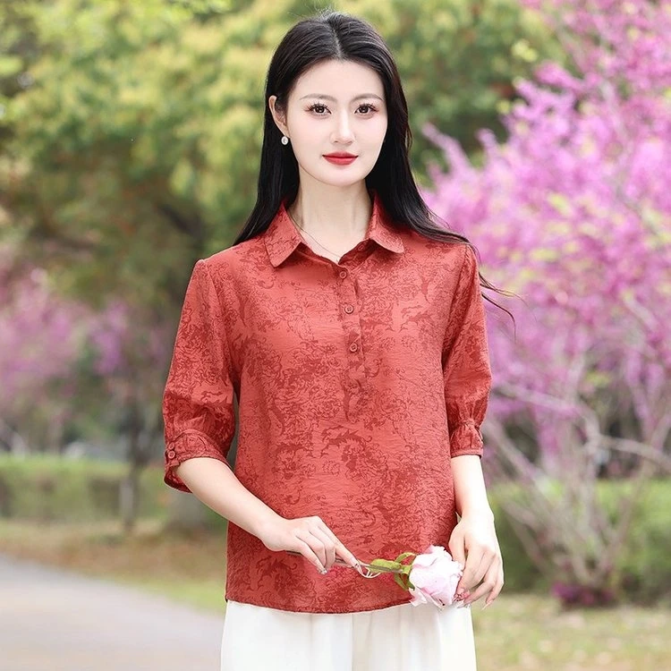 2025款夏季新款时尚百搭显瘦翻领中袖衬衫上衣