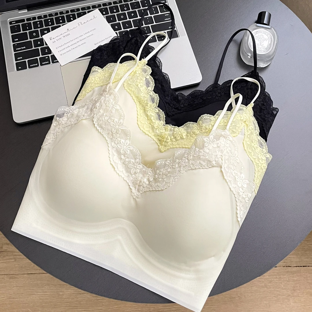 高弹舒适冰丝凉感吊带内衣女夏季超薄大胸显小运动蕾丝拼接美背心