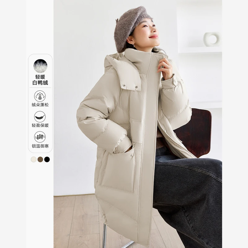 梵希蔓白鸭绒中长款过膝羽绒服女冬季新款立领连帽保暖外套50673