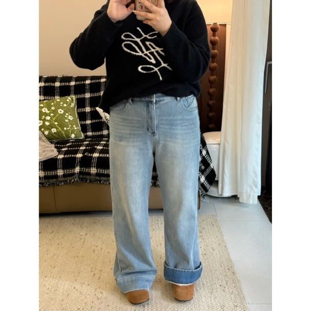 大阿娇 水洗返季蓝女裤2025年新款直筒裤设计小弯刀植绒牛仔裤