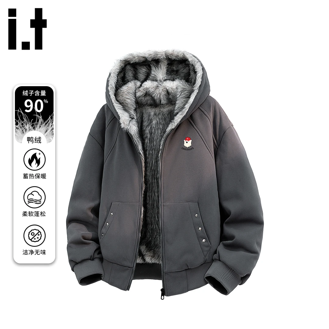 i.t:CHOCOOLATE90绒羽绒服男士秋冬新款加厚保暖毛领连帽棉衣外套