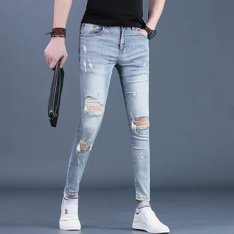 九分裤男士破洞牛仔裤潮牌弹力修身小脚9分乞丐裤潮流夏季新款薄
