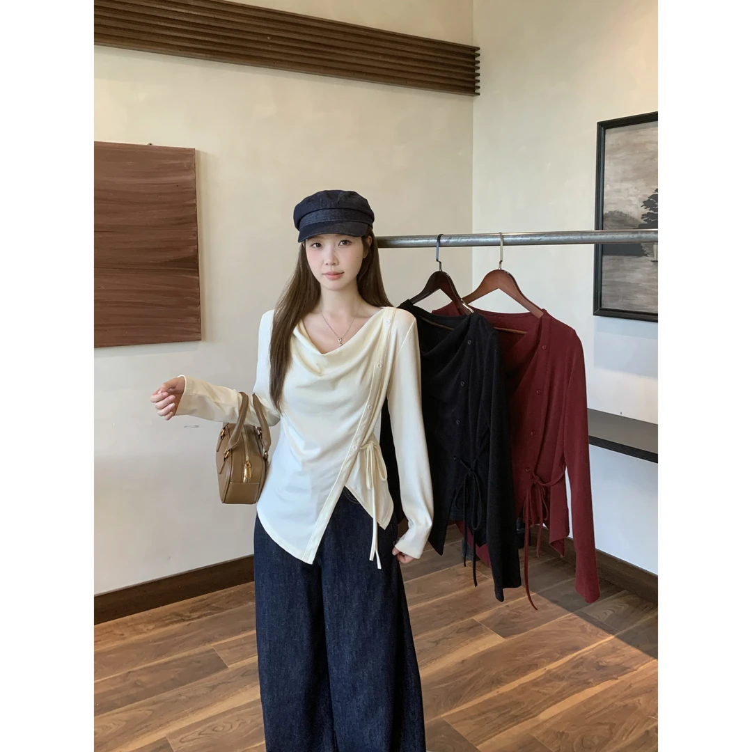 【鱼白专属】2025秋装胖mm大码女时尚荡领T恤法式气质绑带上衣80207