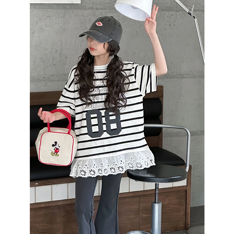 K28209蕾丝拼接女童短袖T恤2025新款春装儿童上衣春秋打底衫休闲t