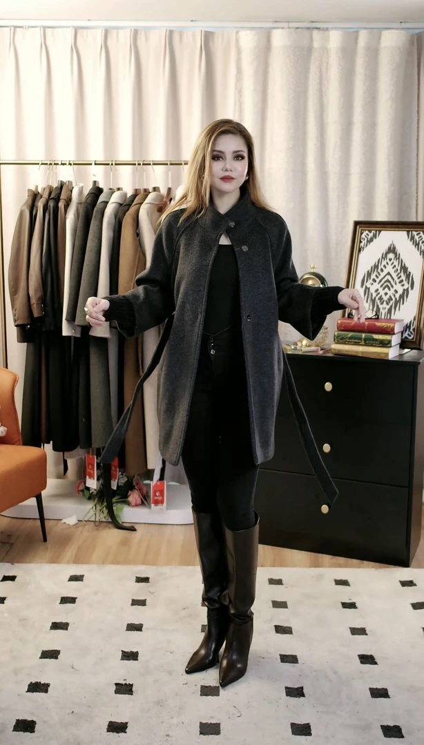 秋冬中长款插肩袖外套休闲时尚外套羊毛大衣6628