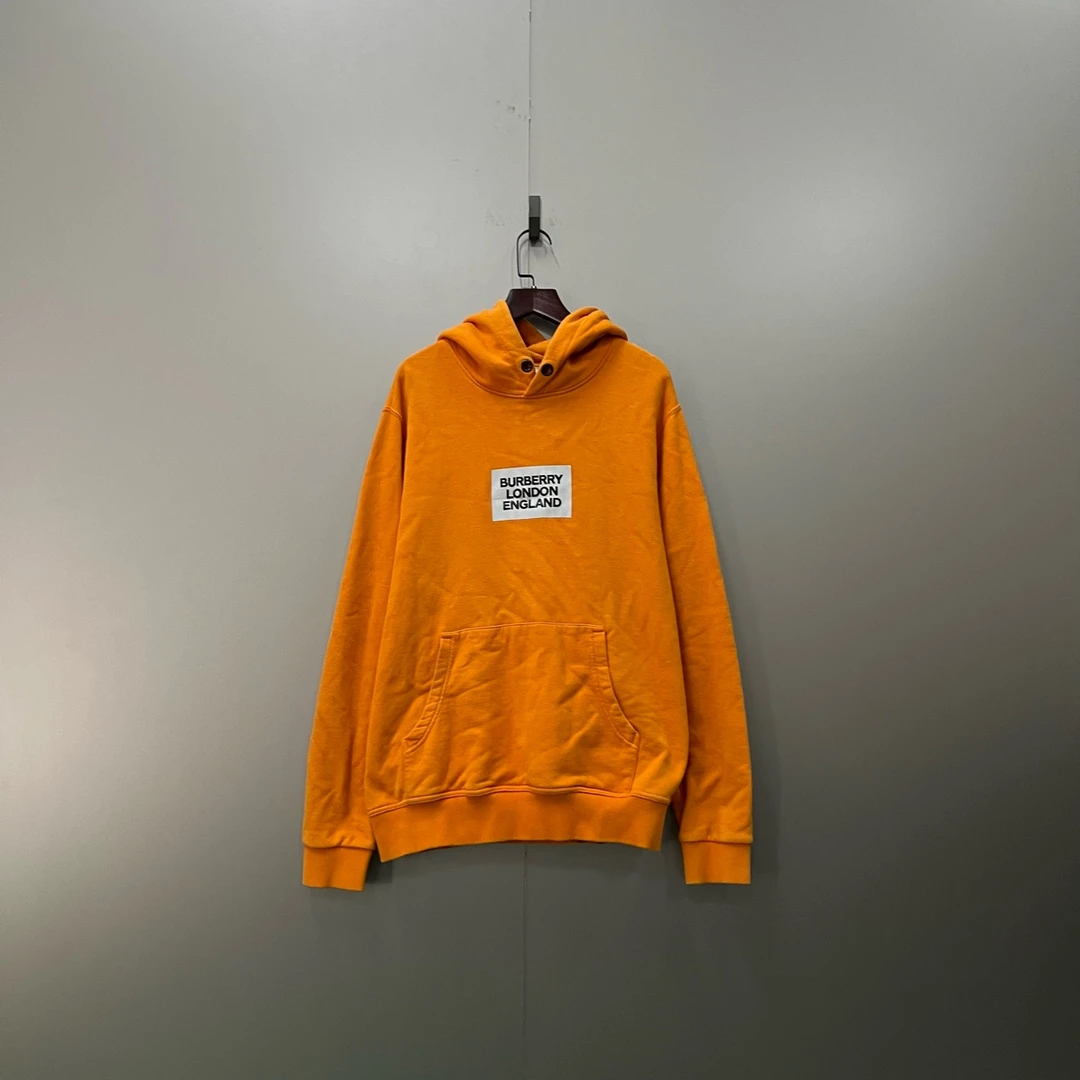95新 BURBERRY/博柏利 h925 橙色贴标印花logo帽衫 S码 201849
