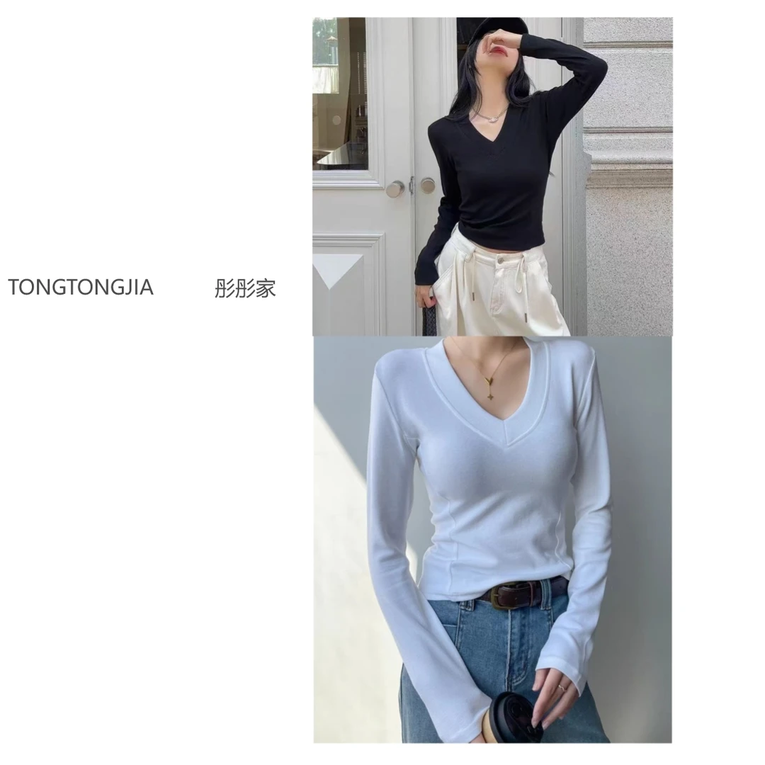 【TONGTONGJIA】2025新款春装高级感v领T恤长袖打底