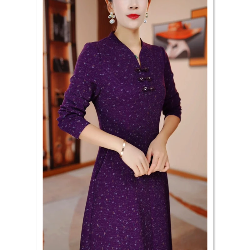 秋季新款紫色收腰显瘦遮肉气质连衣裙H5B206时尚修身长袖妈妈装