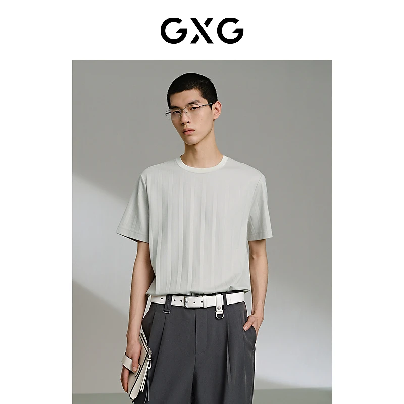 GXG男装 灰绿色宽松圆领短袖T恤夏季男士休闲舒适#G24X442041