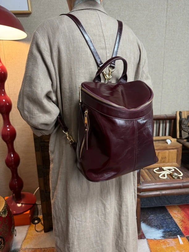 新款小众设计师款头层油腊皮韩版多功能双肩包单肩斜挎包9728