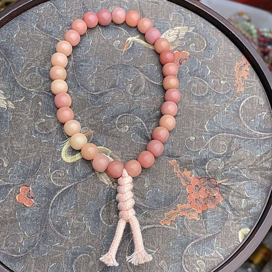 【B46】9*10mm粉色苹果带编绳小手持天然菩提根手串