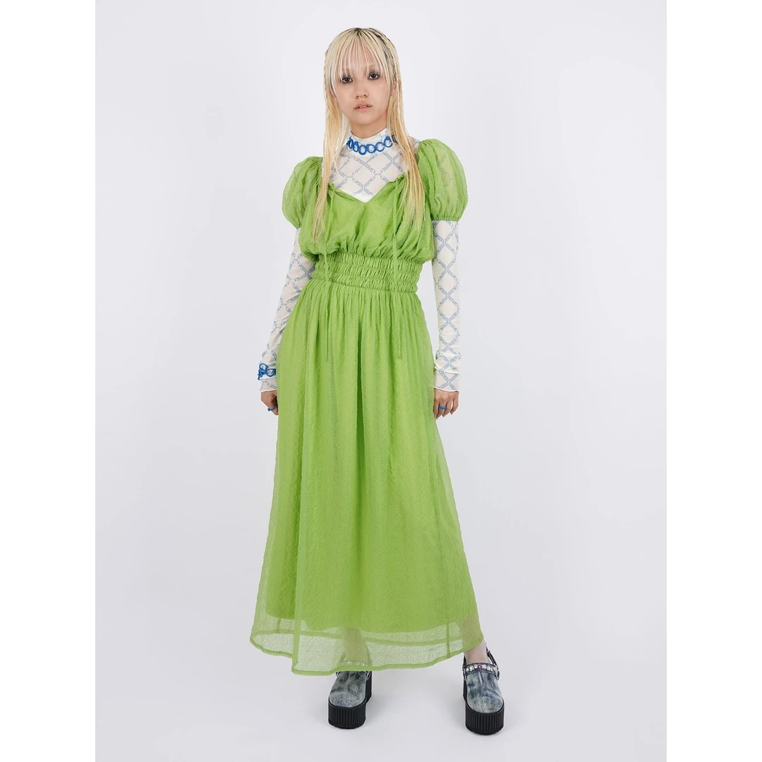 【MonTendre】P 夏季新款 小众透明格纹柔软轻盈泡泡袖纯色连衣裙