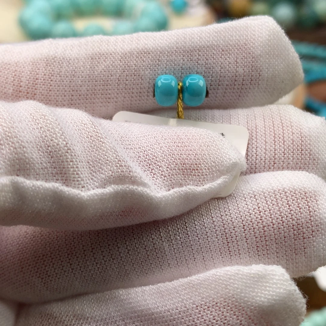 绿松石未镶嵌珠宝奇石高瓷蓝水草纹老型对珠5.6mm