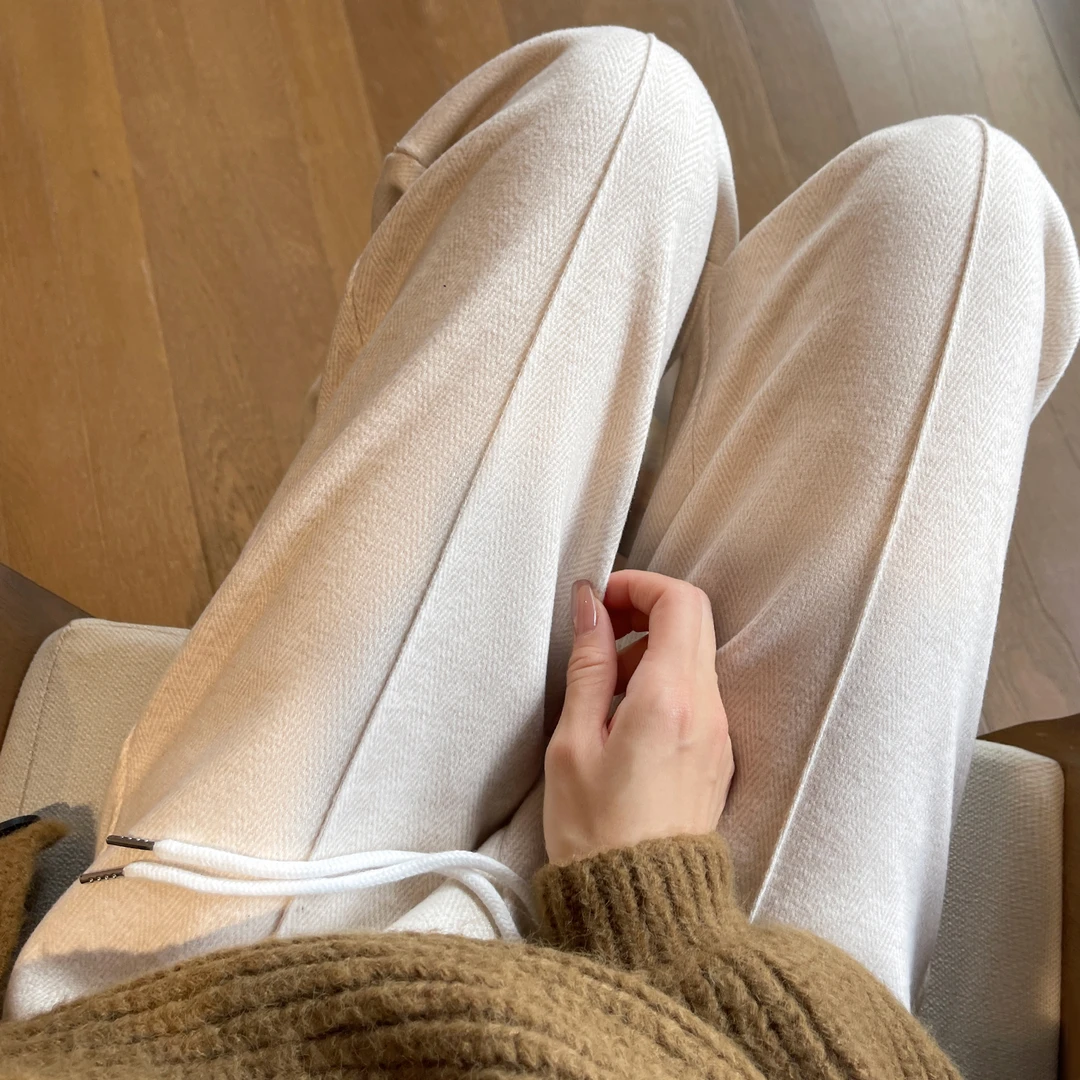 人字纹加绒毛呢裤女装秋冬季2025新款高腰显瘦窄版直筒百搭阔腿裤