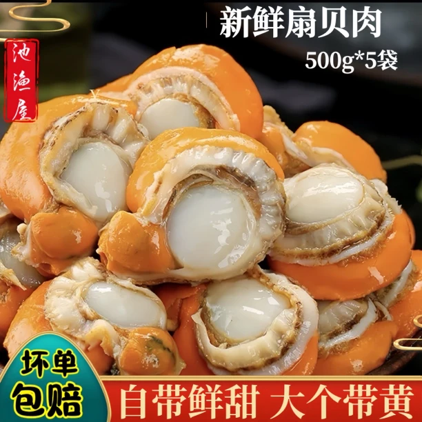 池渔屋新鲜速冻 大个带黄扇贝肉 5袋*(500克/袋）
