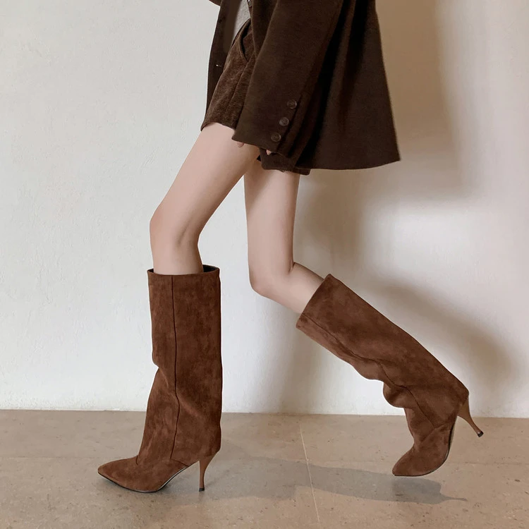 【奢品】美式辣妹~裤管靴7.5cm细跟牛翻皮高跟显瘦气质高筒时装长靴