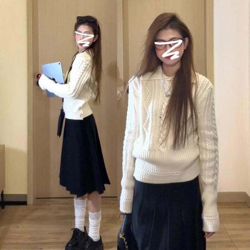 白色翻领毛衣女2025韩系开春季新款慵懒高级感内搭打底针织衫上衣