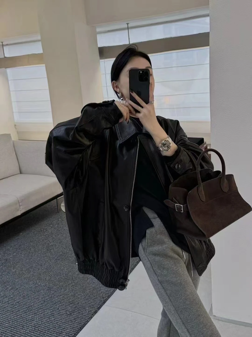 韩版宽松休闲蛋白皮黑色POLO领皮衣女春季新款气质大牌外套