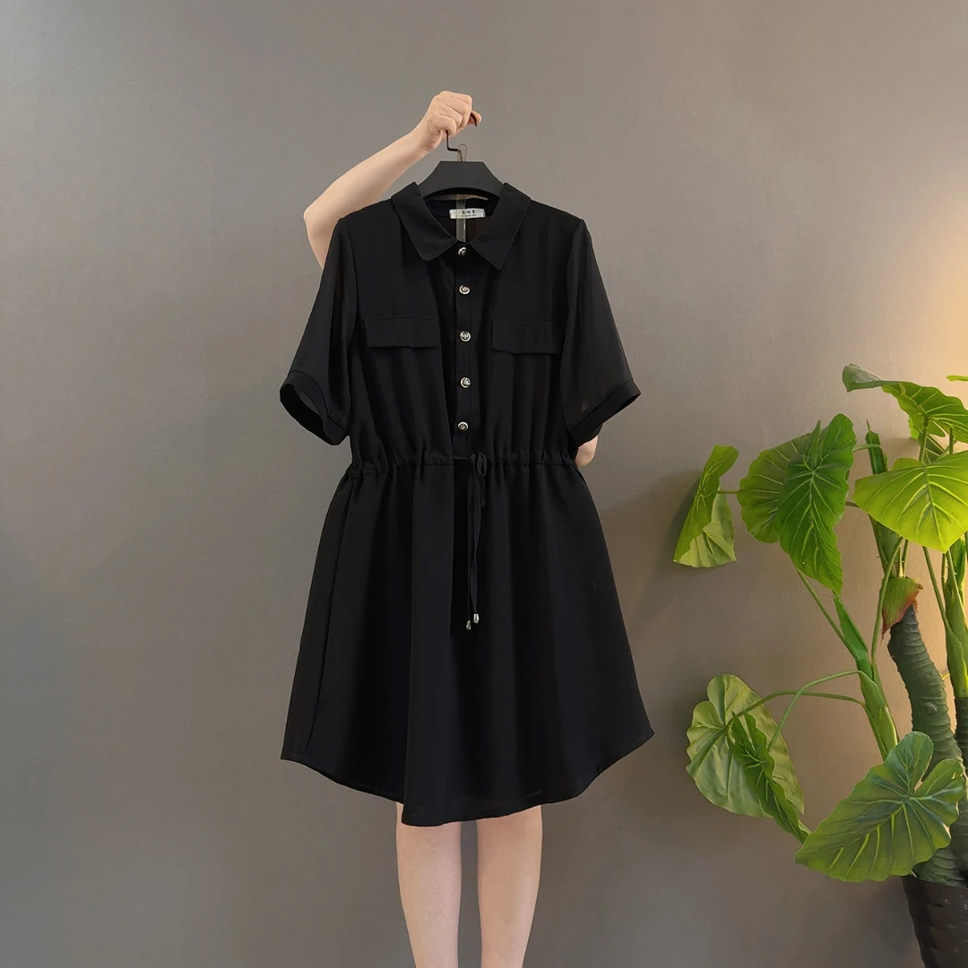 翻领半袖收腰显瘦遮肉连衣裙