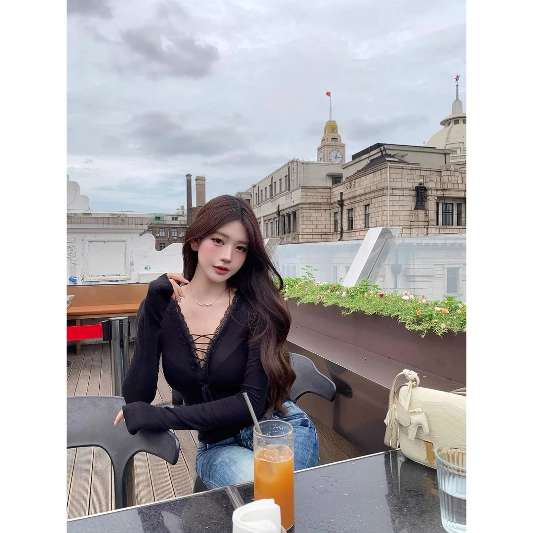 FBB limit纯欲性感长袖T恤女蕾丝花边天丝羊毛绑带蝴蝶结正肩上衣