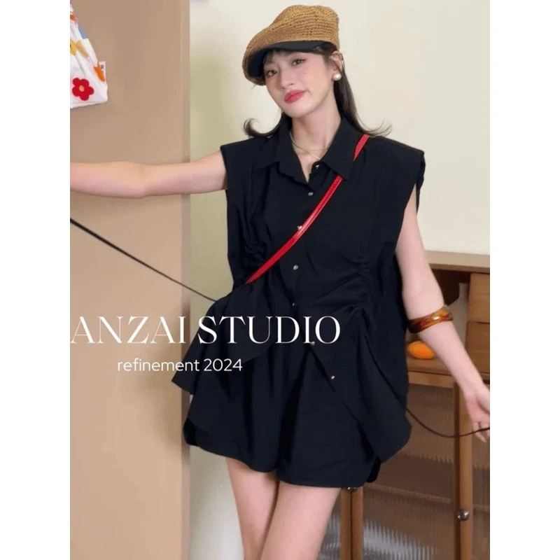 十三行夏季新款时尚套装女设计感褶皱减龄无袖衬衫阔腿短裤两件套