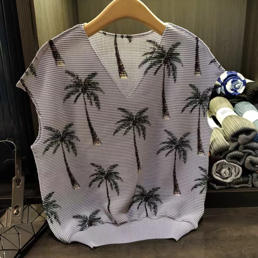 X2349【上新】树木印花无袖V领褶皱显瘦浅紫色马甲T恤