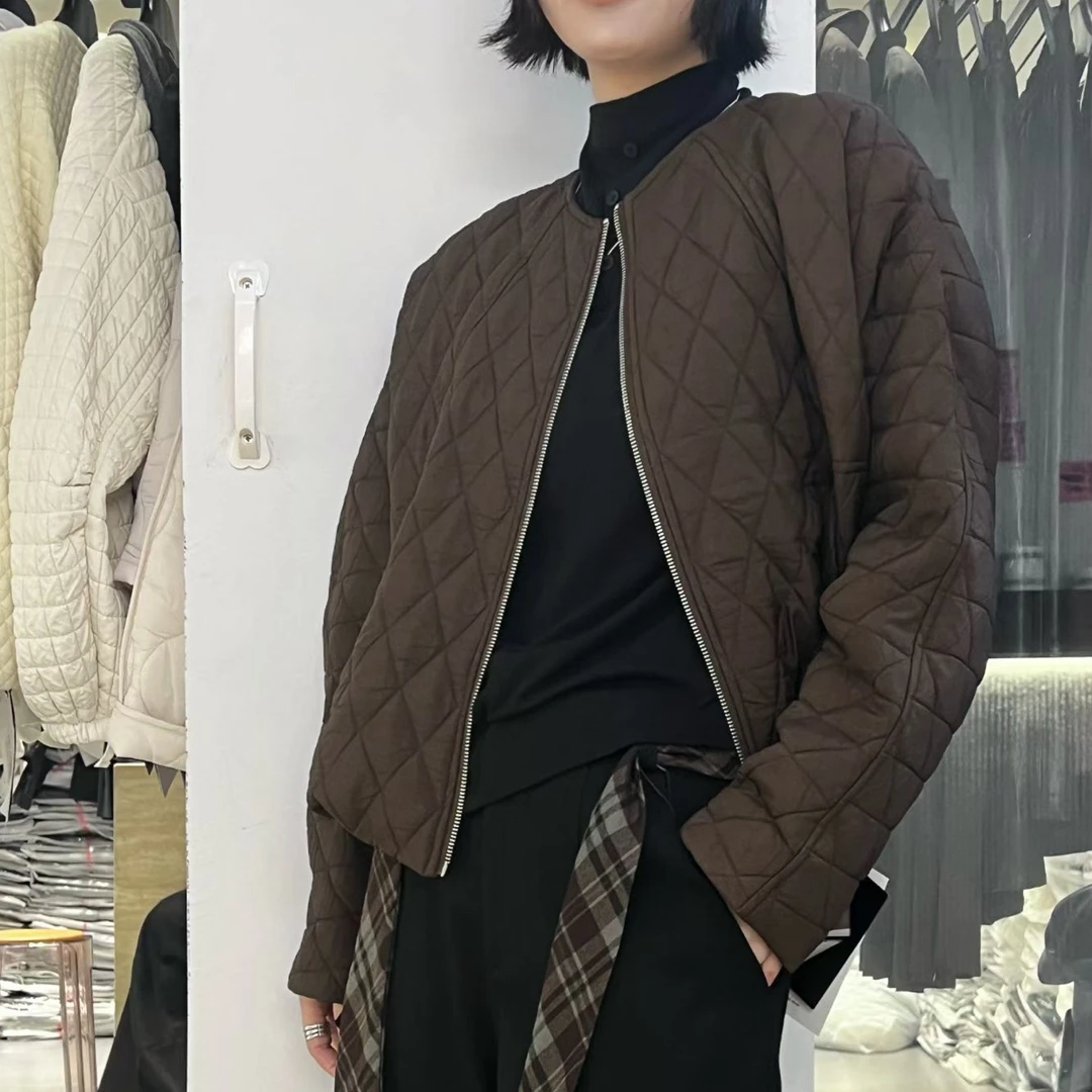 秋冬短外套长袖女菱格保暖宽松型潮流棉衣螺纹下摆