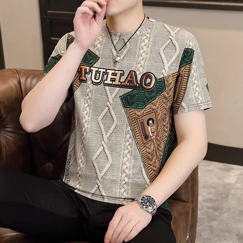 潮牌夏季男士字母提花冰丝t恤薄款高端高级个性设计感短袖体恤衫