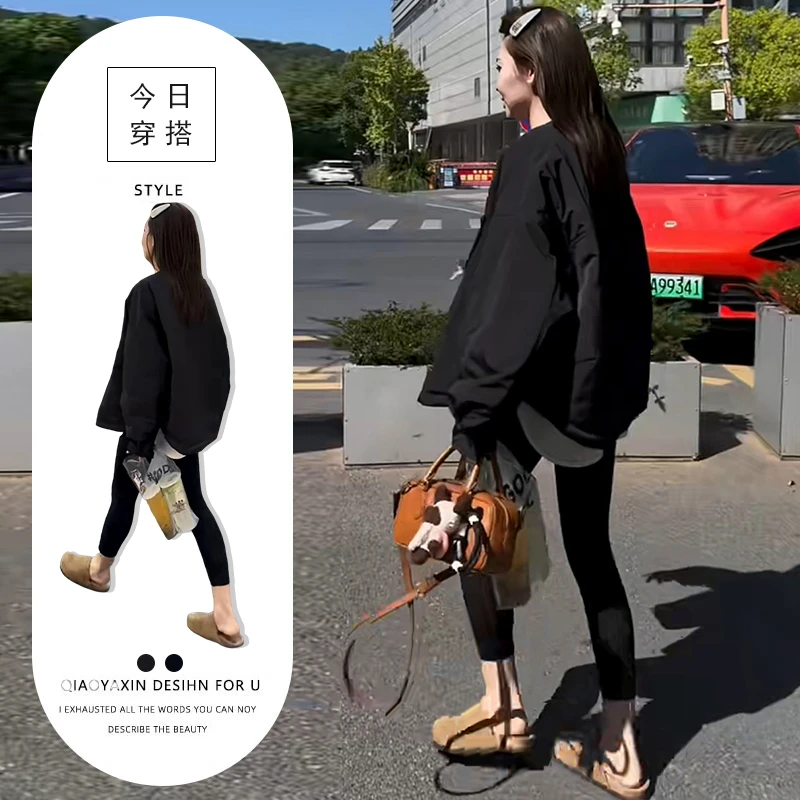 洋气炸街套装女秋冬新款通勤风宽松黑色长袖外套显瘦打底裤两件套