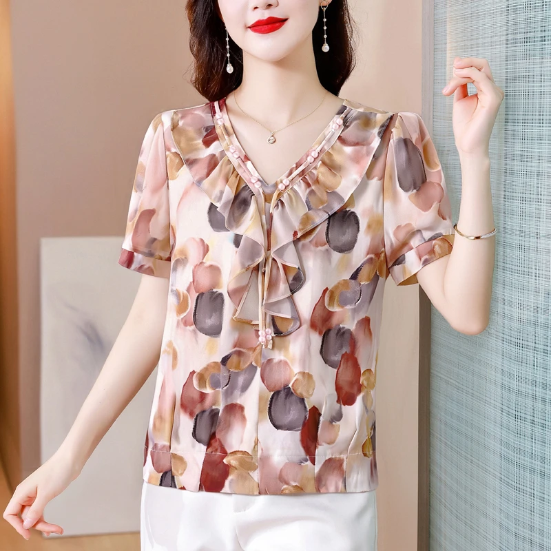 夏季新款雪纺衫女印花荷叶边v领短袖时尚洋气宽松显瘦妈妈装上衣