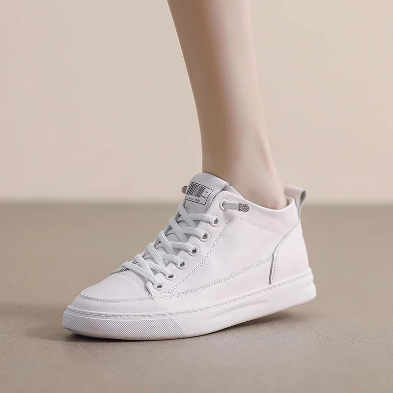 手工牛皮高帮小白鞋女透气2025夏秋时尚女鞋平底运动休闲真皮板鞋