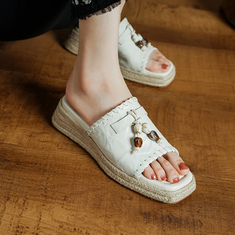 4.5cm羊皮坡跟凉鞋女夏季新款小个子厚底草编外穿真皮拖鞋不累脚