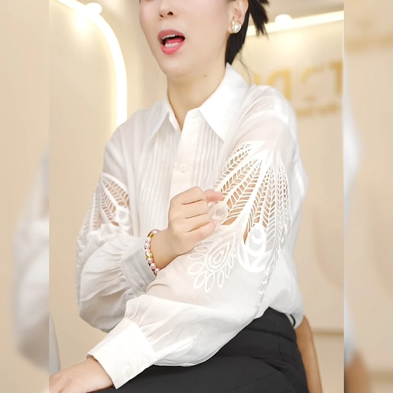 白色镂空钩花POLO领衬衫女2025春夏时尚洋气长袖衬衣气质减龄上衣