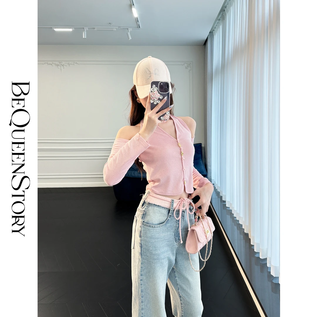 余潇潇【美人香肩】细烫钻长袖针织衫修身V领露肩挂脖上衣