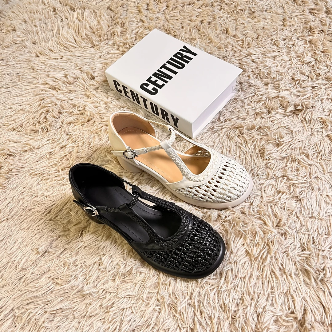 5CM厚底百搭夏季镂空显高显瘦通勤双丁字扣带编织凉鞋AM3006