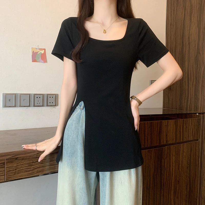 修身收腰开叉短袖正肩t恤女夏款独特法式掐腰设计感绝美上衣大码