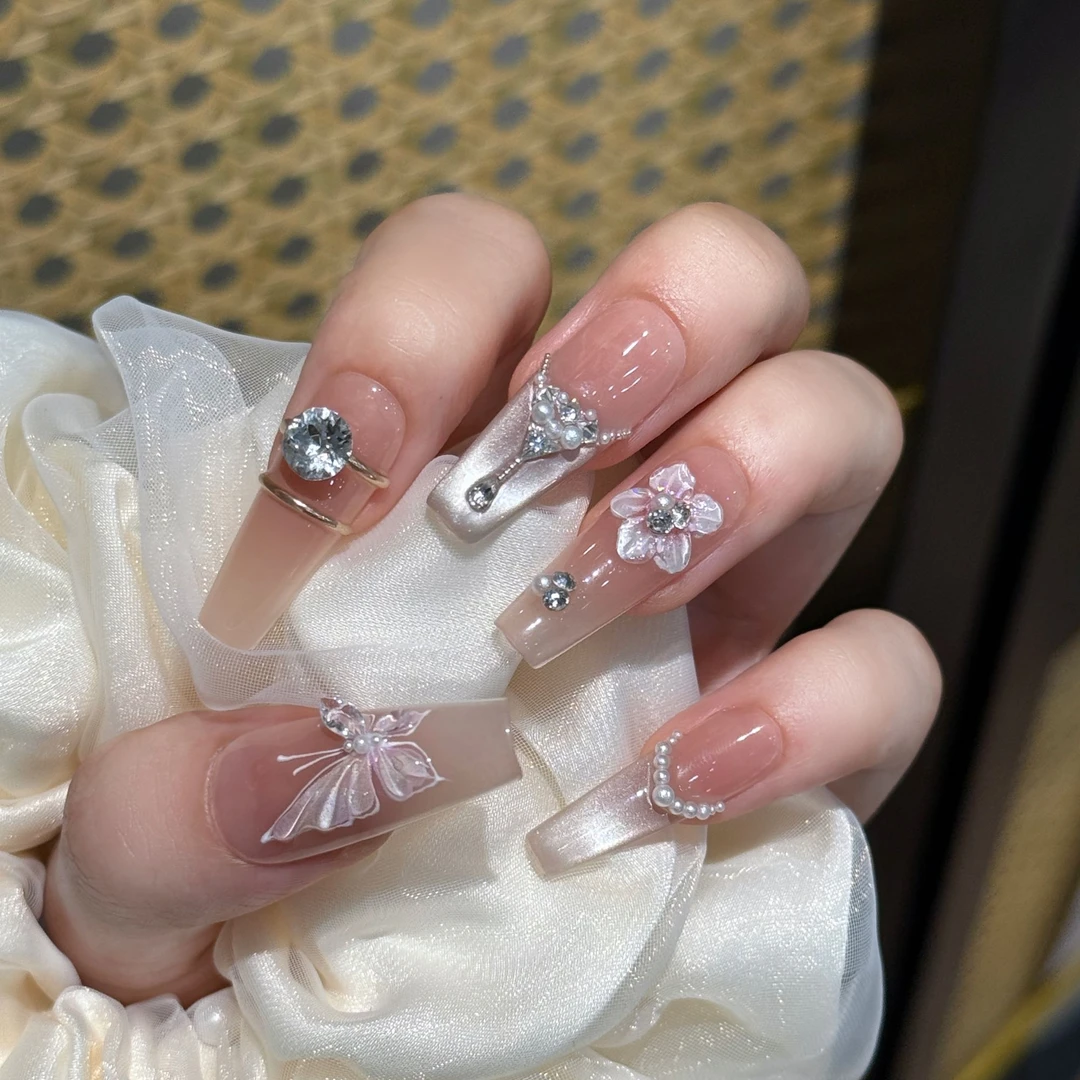 【樱雾纱】钻石猫眼手绘樱花蝴蝶项链设计仙女风轻奢穿戴甲-W009