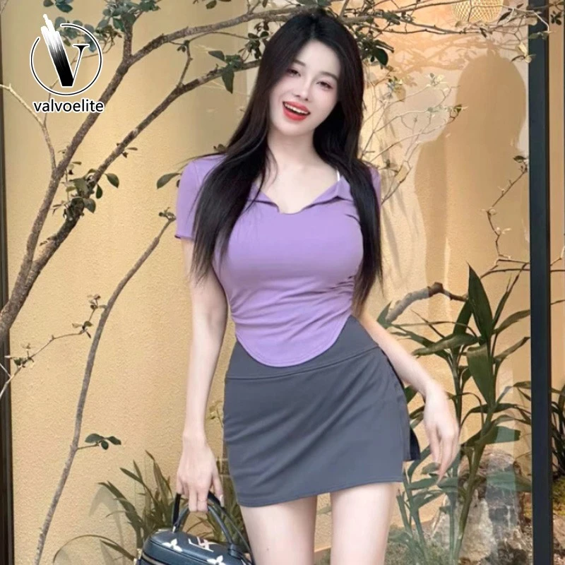 VALVOELITE纯欲性感polo领短袖t恤女夏季短款修身设计感小众上衣