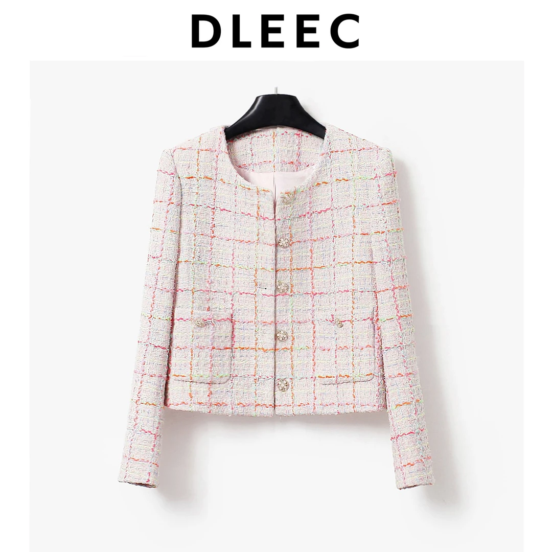 DLEEC 高定韩系千金甜美感粉色格纹小香风圆领短外套时尚重工上衣