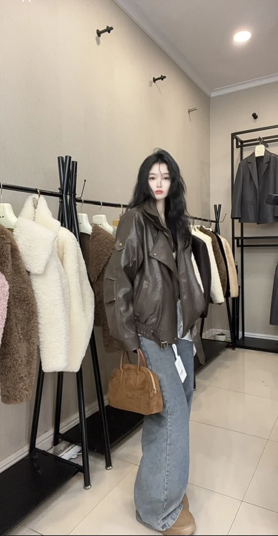 2515复古棕美拉德机车皮衣外套女春秋季新款高级感宽松显瘦上衣