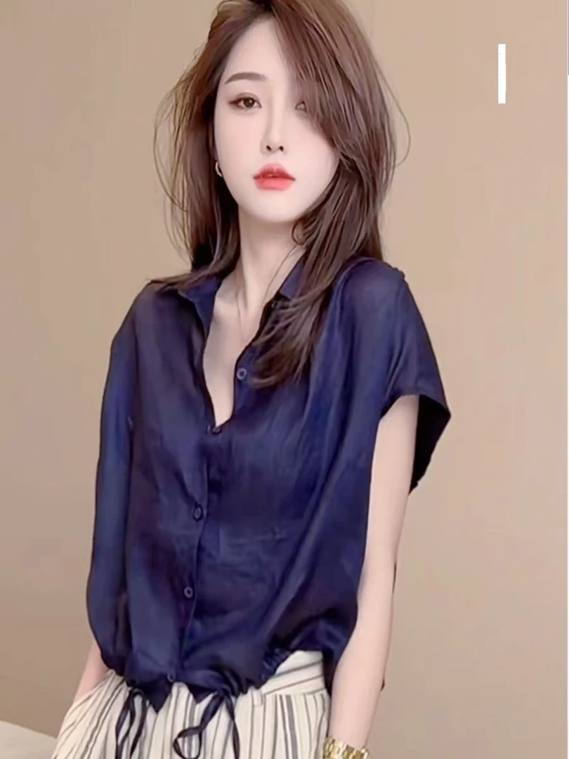 夏季新款简约纯色抽褶设计感潮牌气质款宽松减龄百搭衬衣女2669