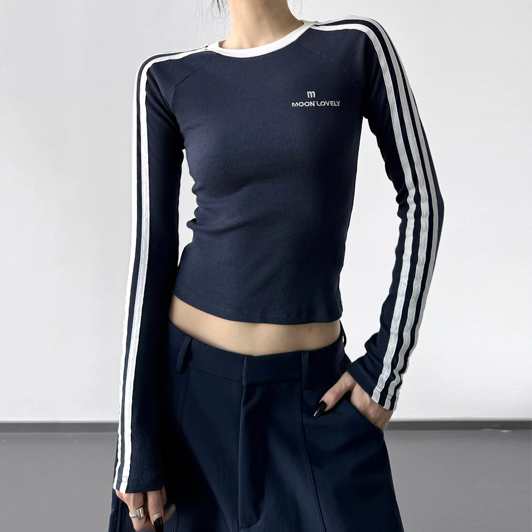 尚诺飞撞色百搭修身设计感健身运动T恤条纹长袖瑜伽服健身服秋季