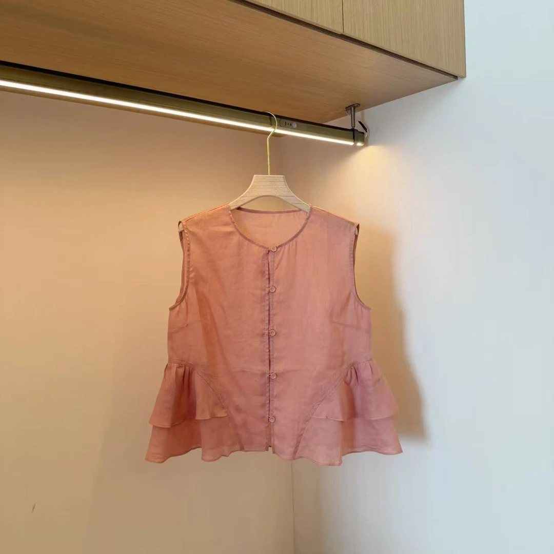 【豆子推荐1】3578 夏季圆领单排扣荷叶边无袖小衫时尚气质