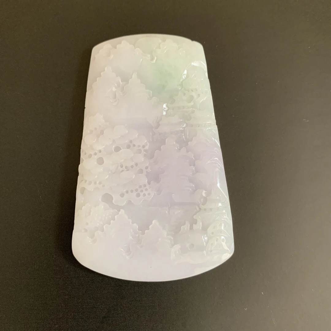 天然缅甸翡翠A货山水牌吊坠仁者智慧美好洒脱财富人丁旺绿带紫